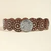 ceinture ajustable vintage en pu pour femme, disque large en métal, style western exagéré, rond et creux