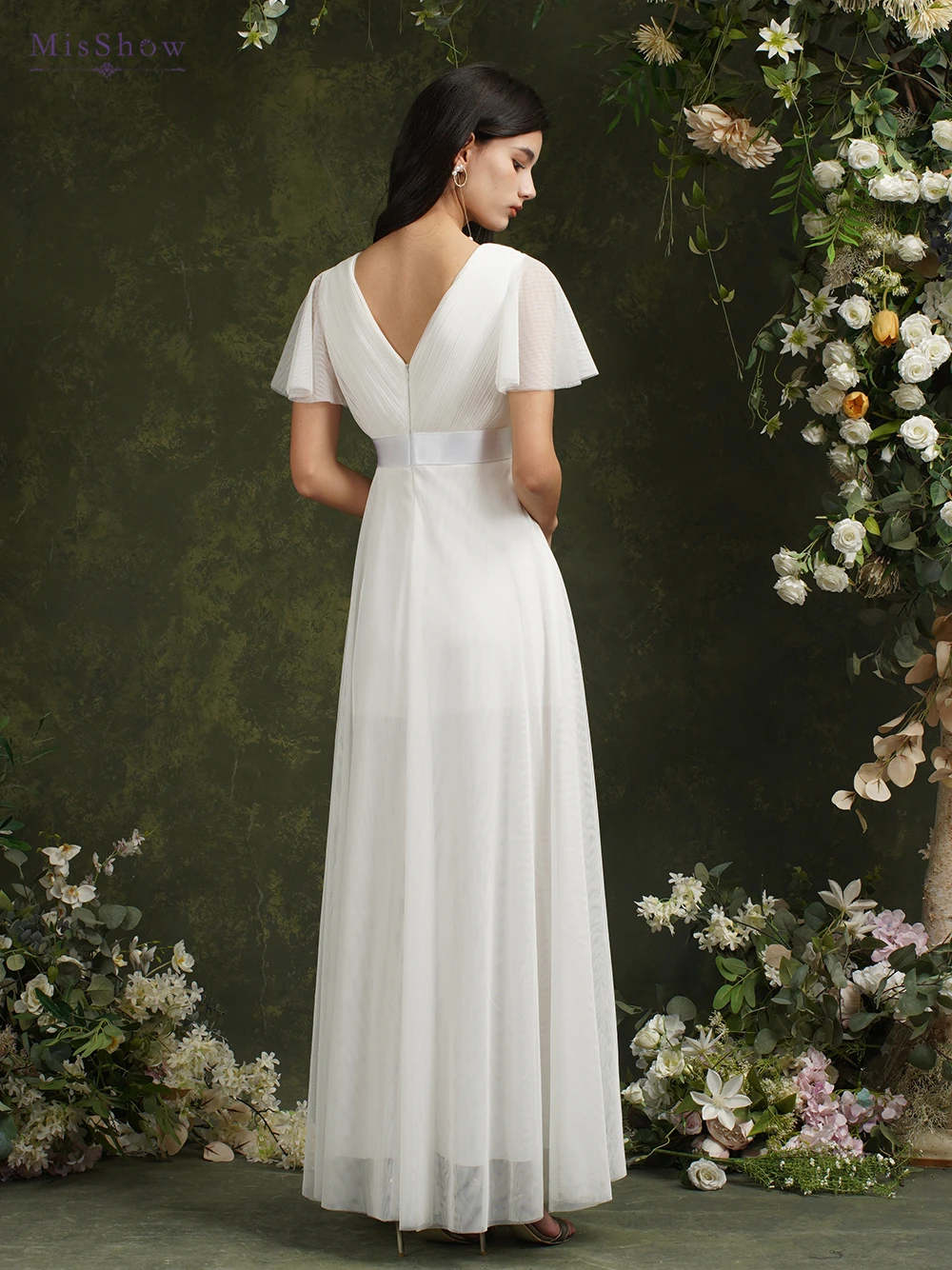 robe de mariée ivoire à manches courtes pour femme, ligne a, col en v, plissé, tulle, dos ouvert, bal de promo, tout ce qui est avec ceinture