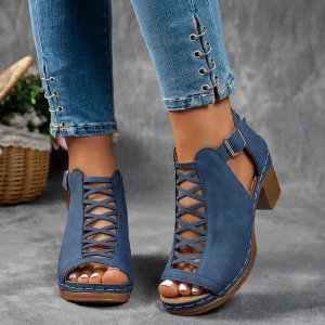 Sandales d’été élégantes pour femmes, talons épais compensés, talons hauts épais, bout ouvert, croix creuse, chaussures polyvalentes de mariage Sandales d’été élégantes pour femmes, talons épais compensés, talons hauts épais, bout ouvert, croix creuse, chaussures polyvalentes de mariage