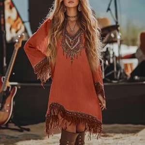 Robe de plage ample et décontractée pour femmes, tenue ethnique à franges, longueur aux genoux, col en v, manches longues, Vintage, Style Cowboy occidental