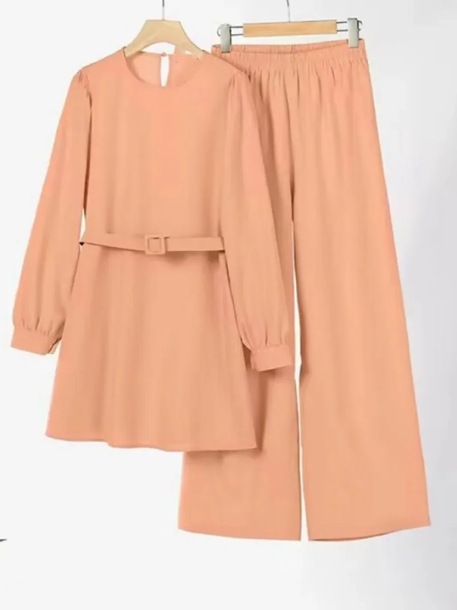 femmes arabes eid musulmanes deux pièces ensemble à lacets chemisier et pantalon musulman ensemble ceinture correspondant ensembles bouton chemise femme abaya ramadan
