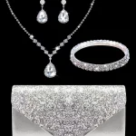 Pochette de soirée à paillettes scintillantes et luxueuse pour femme, associée à un magnifique ensemble collier, boucles d&rsquo;oreilles et bracelet en strass