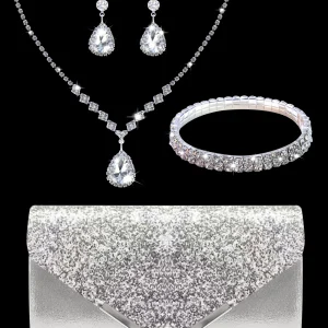Pochette de soirée à paillettes scintillantes et luxueuse pour femme, associée à un magnifique ensemble collier, boucles d&rsquo;oreilles et bracelet en strass