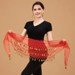 Écharpe de hanche pour danse du ventre, pièces de monnaie de couleur or, matériau en mousseline de soie réglable, chaîne de taille, facile à porter, trois couches