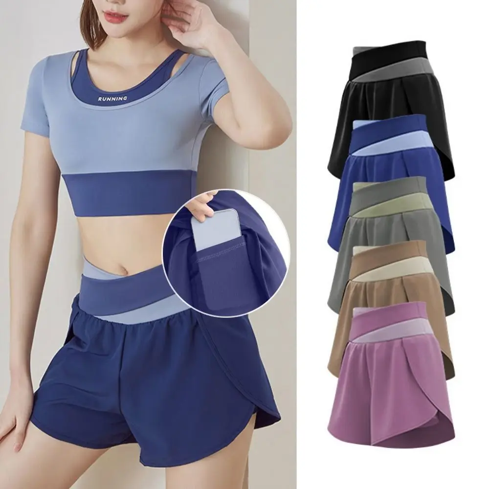 Short de sport respirant 2 en 1 pour femmes, doublure intérieure, jupe de Yoga colorée, poches latérales pour téléphone, ceinture élastique
