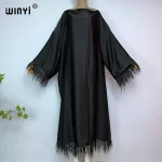WINYI-Robe hijab noire confortable pour femmes musulmanes, robe de ramadan, kaftan, couverture complète, abaya, cheveux d&rsquo;autruche, haute qualité, mode