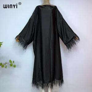 WINYI-Robe hijab noire confortable pour femmes musulmanes, robe de ramadan, kaftan, couverture complète, abaya, cheveux d’autruche, haute qualité, mode WINYI-Robe hijab noire confortable pour femmes musulmanes, robe de ramadan, kaftan, couverture complète, abaya, cheveux d’autruche, haute qualité, mode