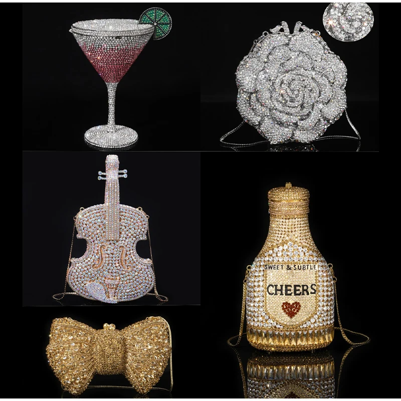 pochette de luxe haut de gamme, nouvelle mode, exquise, brillante, bouteille de champagne, nœud en strass, chaîne en cristal, cadeau, pochette de fête