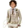 Costumes décontractés en lin Beige pour garçon, 3 pièces, Blazer, gilet, pantalon, ensemble à revers, costume pour enfants, mariage, été, plage, bal, fête, smoking