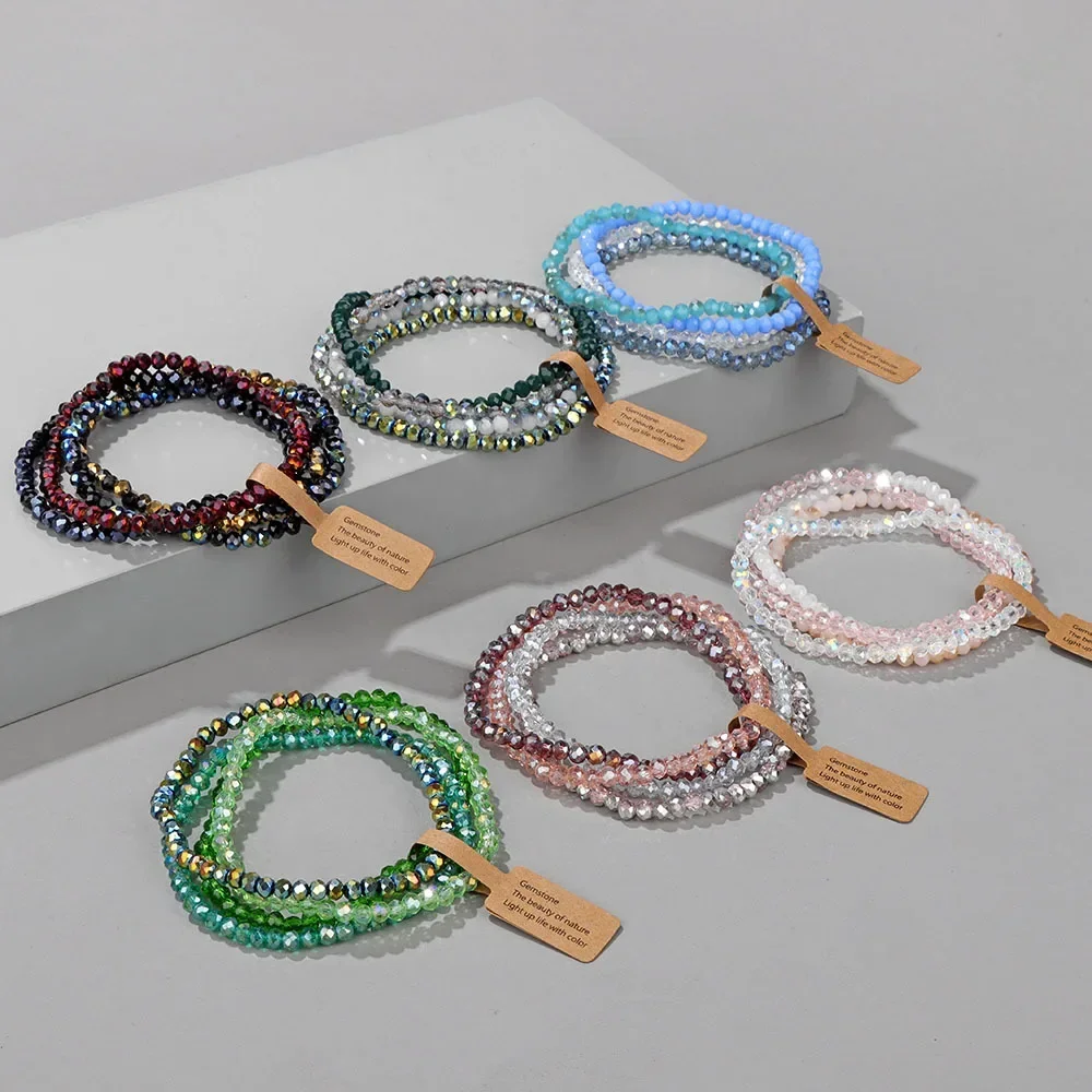 Ensemble de 4 pièces de perles de verre à facettes, Bracelet extensible pour femmes et hommes, perles de cristal, corde élastique multicolore, bijoux faits à la main
