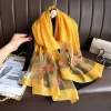 Élégant doux mince luxe foulard en soie fleur broderie grandes femmes Hijab châles Foulard enveloppes brillant dentelle écharpe dame