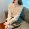 chemise en dentelle femmes vêtements automne nouveau style coréen doux dentelle chemises en mousseline de soie col en v à manches longues minceur blanc blouse haut pour femme