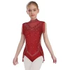 costume de danse latine pour enfants filles, strass brillants, col montant, sans manches, maille patchwork, pompon, justaucorps de danse moderne, body à franges