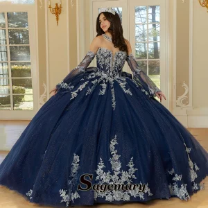 Sagemary – robes de Quinceanera sans bretelles à paillettes pour filles, avec des Appliques en dentelle, robe de bal, Corset, manches détachables, Tulle et strass