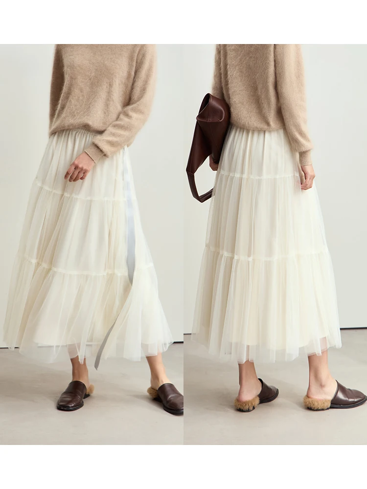AMII-Jupe Maxi en Tulle Superposée pour Femme, Minimaliste, Taille Haute, Élégante, Ligne A, Maille, Noir, Blanc, ix, Jupes Douces, 12443071