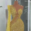 robes de soirée dorées dubaï paillettes perles Élégant une épaule illusion taille asabiṁrobe de gala de bal personnalisée