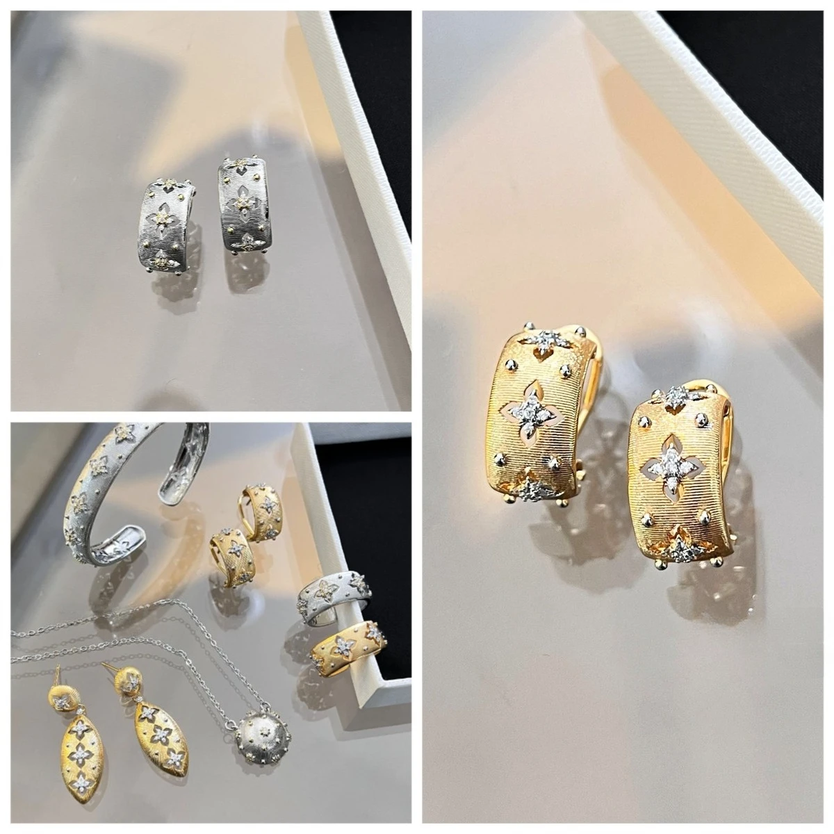 Ensemble de bijoux bicolores pour femmes, plaqué or 18 carats, couleur argent S925, brossé à la main, Style Court, avec bague, boucles d'oreilles, collier, Bracelet