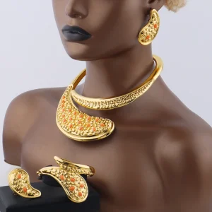 Collier plaqué or, boucles d&rsquo;oreilles, Bracelet, bague, ensemble de bijoux pour femmes, coffret cadeau élégant pour fête de mariage, bijoutier, article de vente en liquidation