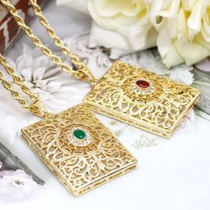 Collier pendentif carré arabe pour femmes musulmanes, longue chaîne, couleur or, bijoux de mariage pour mariée turque