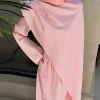 abaya – ensemble hijab en satin élégant, robe maxi avec ceinture, manches longues, robe de soirée formelle pour femmes, couleur unie, robes de festival, tenue