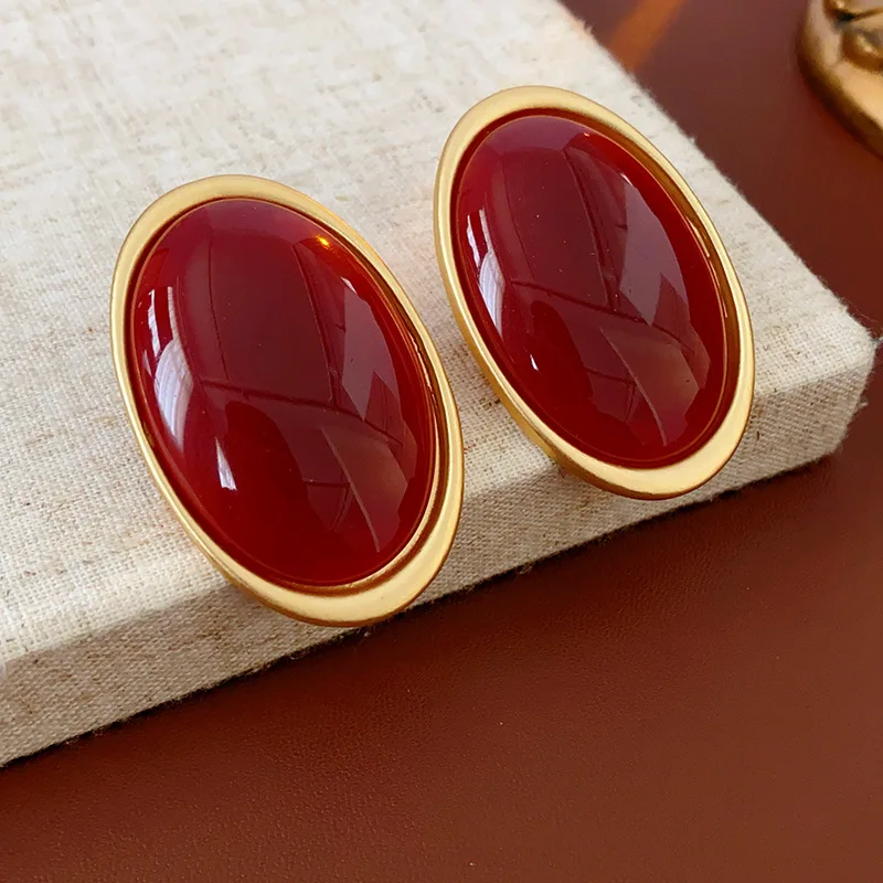 Boucles d'oreilles Vintage en résine rouge pour femmes, grandes boucles d'oreilles ovales géométriques de luxe, bijoux d'oreille de fête de mariage, vente en gros