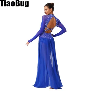 Robe de danse lyrique pour femmes, strass, manches longues, dos nu, fente en mousseline de soie, justaucorps de gymnastique, Costume de danse contemporaine moderne