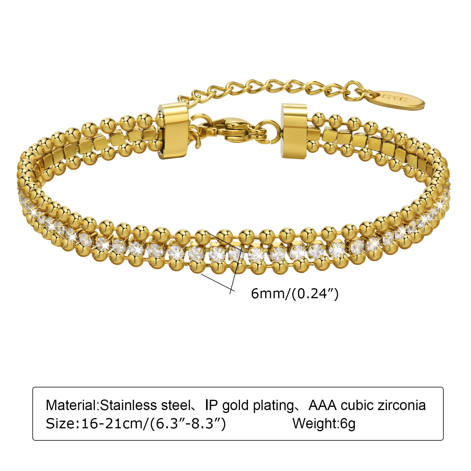 bracelet de tennis pour femme, bracelet chaîne en zircone cubique réglable, chaîne de perles ondulées en acier inoxydable, bijoux de bracelet à trois couches