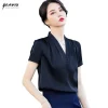 Chemise en Satin à col en V pour femmes, chemisiers Slim à manches courtes, Design de tempérament, nouvelle mode, bureau, hauts de travail formels pour dames, 2022