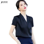 Chemise en Satin à col en V pour femmes, chemisiers Slim à manches courtes, Design de tempérament, nouvelle mode, bureau, hauts de travail formels pour dames, 2022