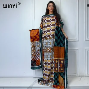 WINYI-Abaya pour femmes musulmanes, robe africaine dubaï, col ras du cou, kaftan imprimé, robe maxi élégante