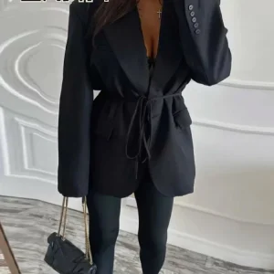 Ceinture décontractée ample femmes Blazer bouton unique à manches longues revers solide femmes manteaux 2025 automne été dame rue vêtements d&rsquo;extérieur