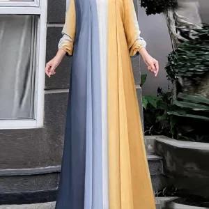 Élégant musulman Abaya Hijab robes ZANZEA Eid Mubarek Robe d&rsquo;été Robe Femme à manches longues contraste couleur Maxi Robe vêtements islamiques