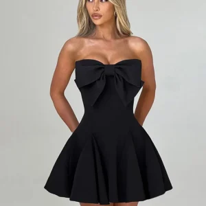 Couleur unie a-ligne robe de soirée femmes Sexy nœud papillon bustier tubulaire Mini robes moulante tempérament été nouvelle dame robes