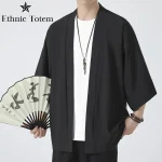 Kimono Noir pour Homme, Cardigan Japonais, Chemise de Plage, Haori, Unisexe, Vêtements Samouraï, Été