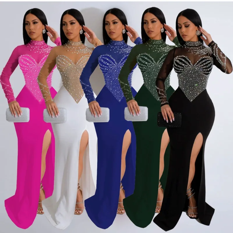 robe transparente en biscuits pour femme, manches longues, col rond, mince, fente latérale, soirée formelle, sexy, élégante, printemps, automne, nouveau