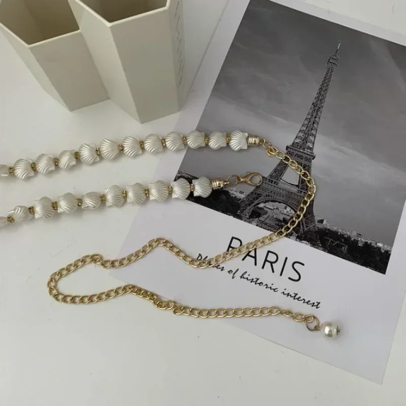 mode femmes perle coquille chaîne ceinture élégant métal mince taille ceintures robe jupe sauvage ceintures bretelles vêtements accessoires