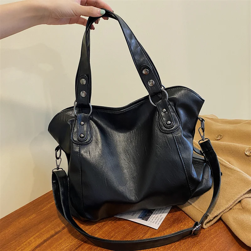 grands sacs à bandoulière noirs pour femmes, grand sac de shopping hobo, couleur unie, sac à main en cuir souple de qualité, fourre tout de voyage pour dames