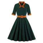 Robe mi-longue trapèze élégante, col à nœud, manches courtes, ceinture de taille, bloc de couleur plissé, tenue de bureau pour femme, Style Vintage, nouveau