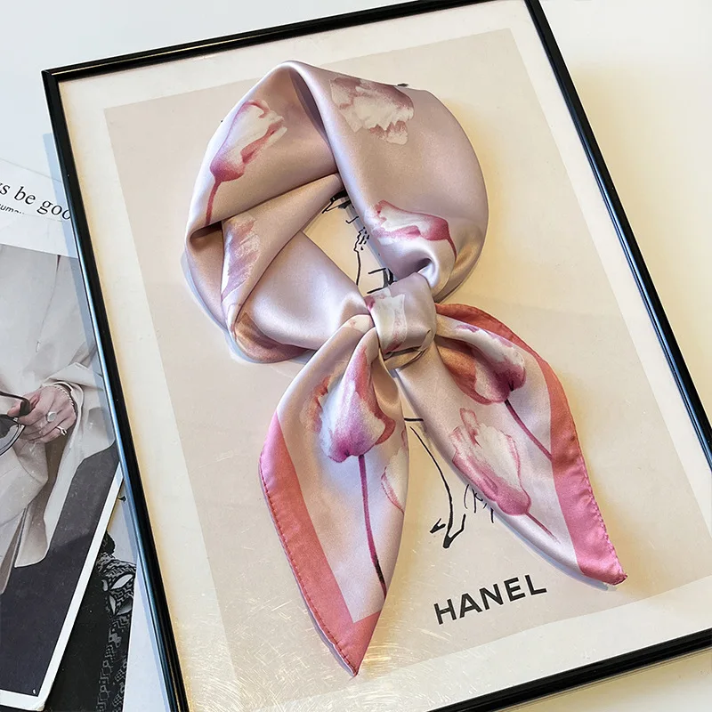 foulard carré en soie polyvalent pour femmes, foulard à fleurs vert frais, bandeau pour cheveux, sac noué, mouchoir hijab