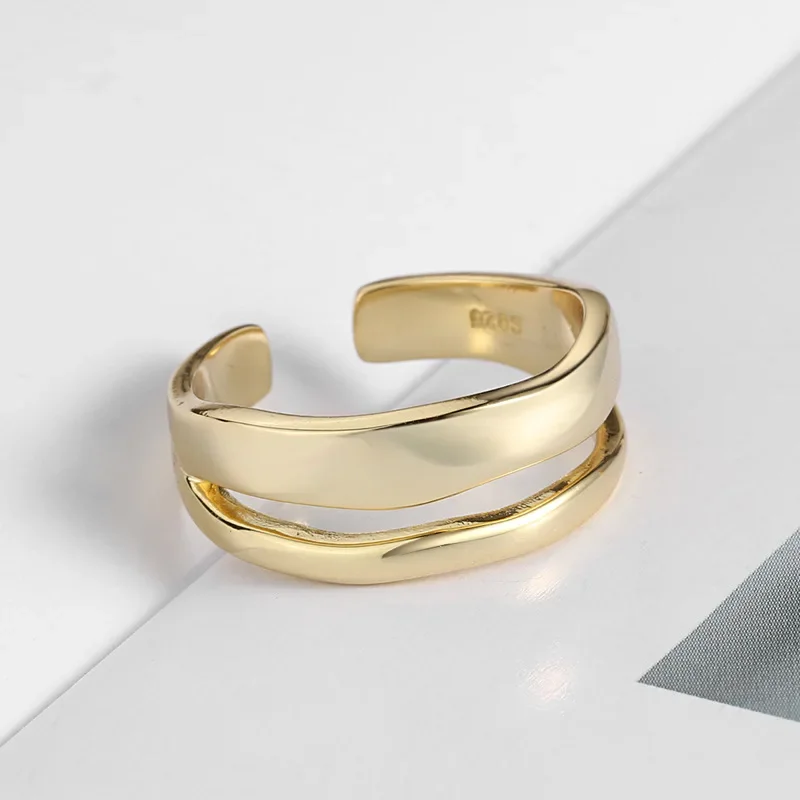 Bague géométrique minimaliste Double réglable, couleur argent véritable, bijoux tendance pour femmes charmantes