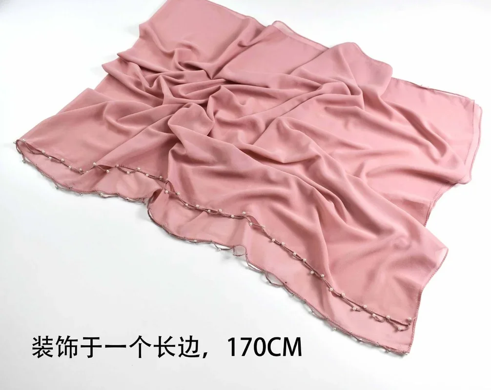 women hijabs muslim new casual solid color chiffon wave edge beaded long scarf muslim hui scarf america hot selling headscarf