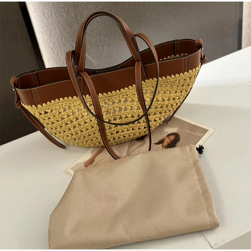 Sac de plage en paille, nouveau Style, sac à bandoulière léger de luxe de styliste, sac tissé de grande capacité, sac à boulettes Simple de couleur contrastée