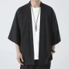Kimono noir pour hommes et femmes, manteau traditionnel, chemise d&rsquo;été, Cardigan de plage Yukata unisexe, Cosplay Haori, vêtements de samouraï japonais