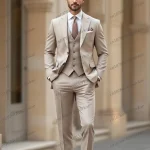 Costume Beige pour hommes, tenue formelle, à la mode, pour fête de mariage, marié, bal d&rsquo;affaires, Tuxedos, ensemble 3 pièces, veste, gilet, pantalon