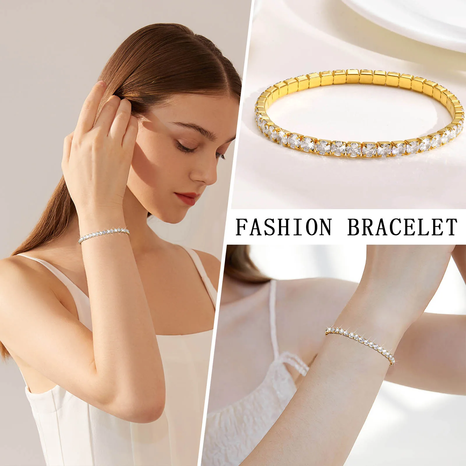 Bracelet de Tennis élastique en acier inoxydable pour femmes, plaqué or, chaîne à maillons minimalistes, bijoux