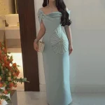 Robe de soirée élégante en jersey pour femme, longueur au sol droite initiée, perles et plis personnalisés