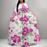 Robe longue beige avec fleurs pastel surdimensionnées, manches longues, style élégant pour femmes, look invité de mariage