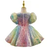 robe à paillettes ombrées pour filles, scintillante pastel, manches bouffantes, vêtements de fête d'anniversaire pour filles