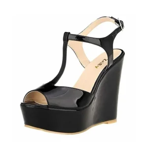 Sandales à talons compensés pour femmes, escarpins à plateforme en cuir verni, bout ouvert de 14cm, lanière à la cheville, Sexy, chaussures de fête et de mariage, nouvelle collection été 2025