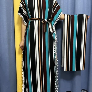 Abayas pour femmes 2023 imprimé rayure verticale glands élasticité coupe ample Femme Robe femme africaine robes avec ceinture foulard